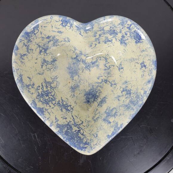 Vintage 3 pcs Set Heart Shaped Nesting Bowls White Blue Sponge Paint Pottery Art - Picture 11 of 16